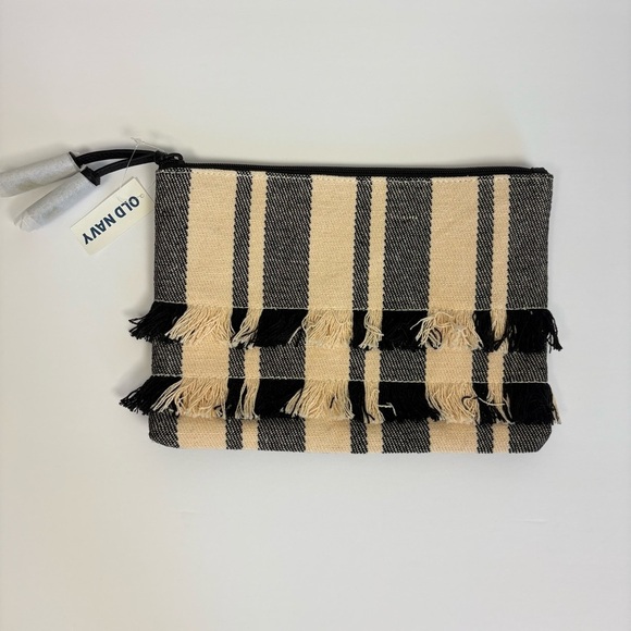 Old Navy Handbags - Old Navy Striped Fringe Cloth Faux Leather Clutch Black Cream
